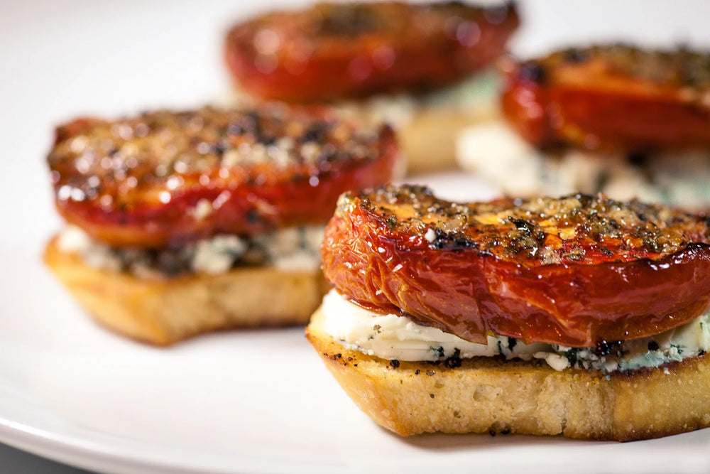 Slow Roasted Tomatoes with Tasmanian Pepper Salt, Creamy Blue Cheese Bruschetta