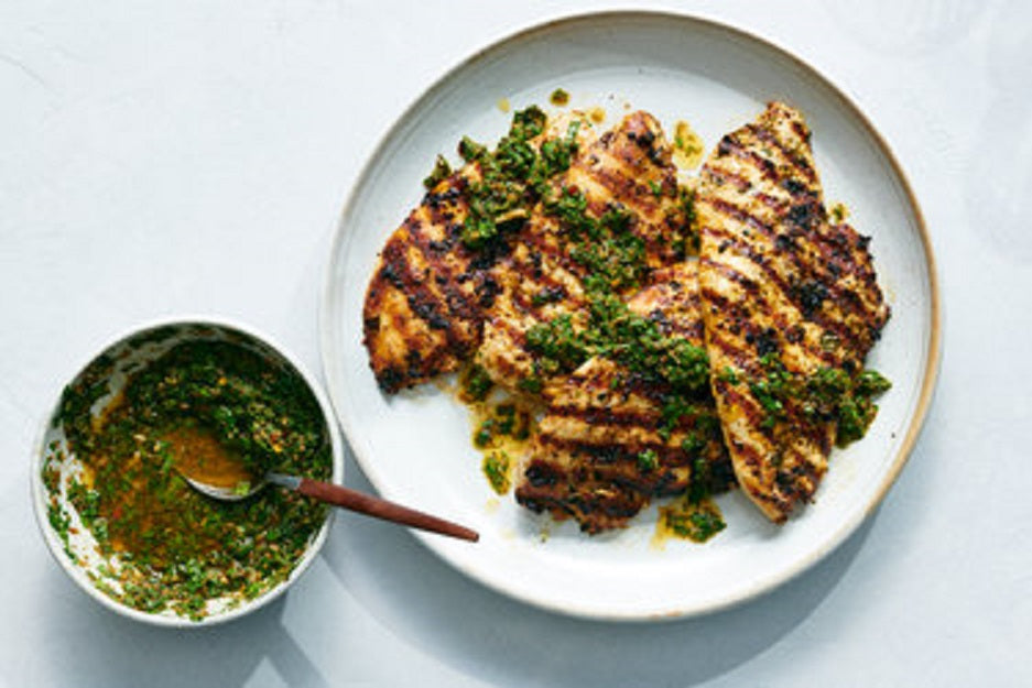 Wild Herb Chicken Breasts with Lemon Myrtle Chermoula and Wild Lime Raib (yoghurt)