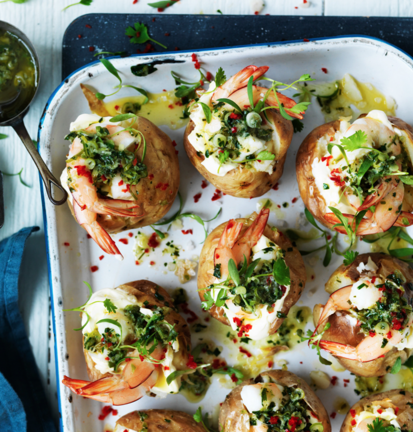 Prawn Topped Baked potatoes with Warrigal Greens Lemon Myrtle & Macadamia Pesto